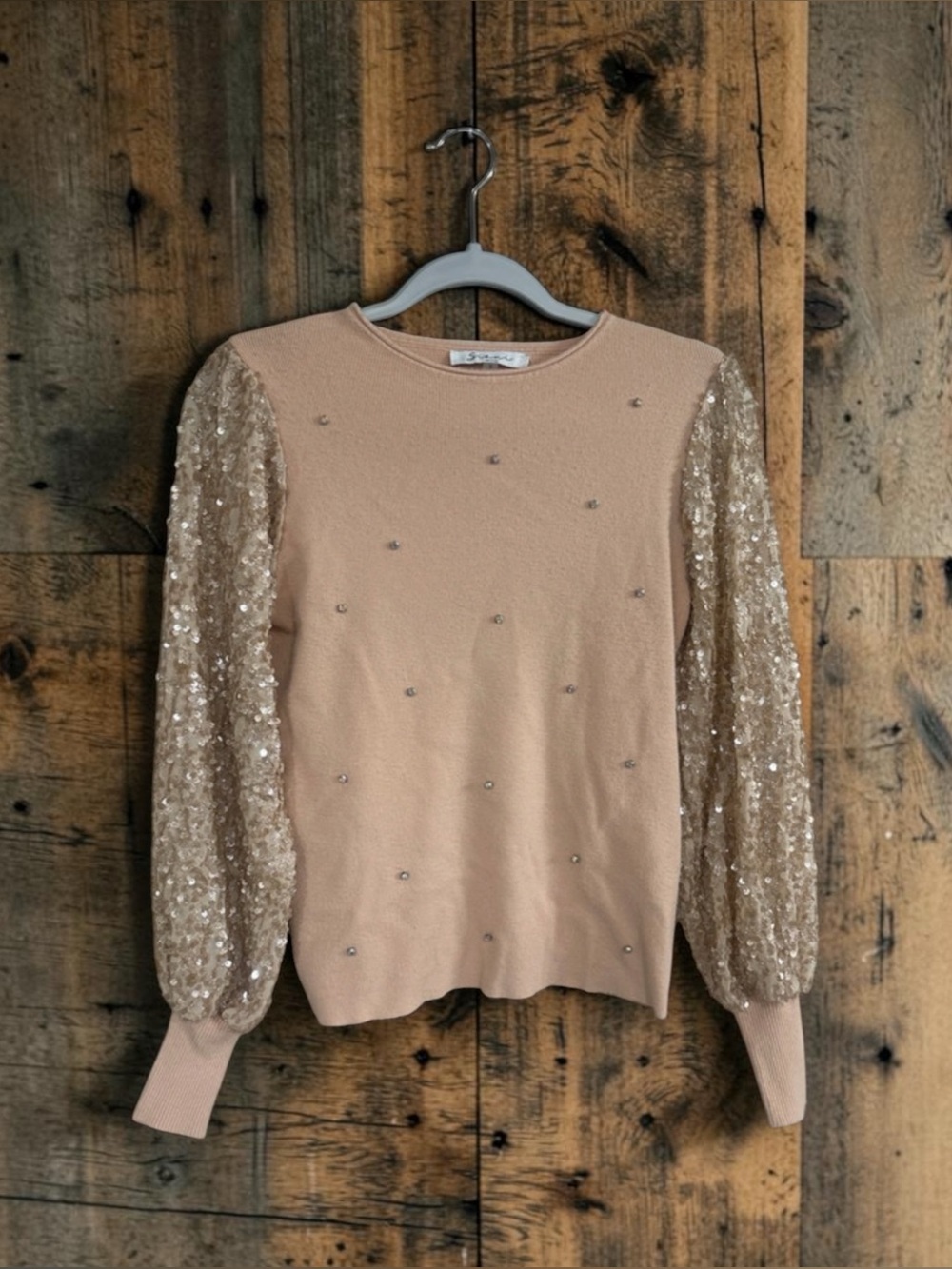 Sequin Sleeve Embellished Crewneck Top with rhinestones - Blush/pink